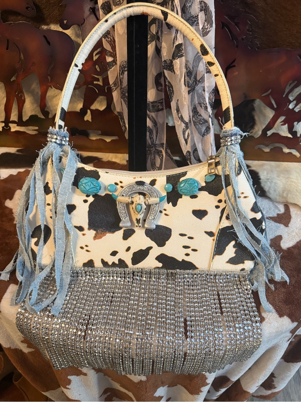 Source Unknown Black and White Cowhide Shoulder Bag with Turquoise Accents